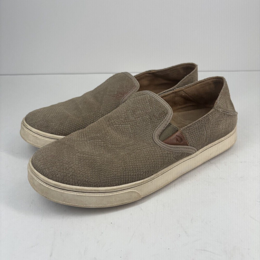 Olukai‎ Pehuea Women's US 8 Taupe Snake-Embossed Leather Slip-On Loafer Shoes